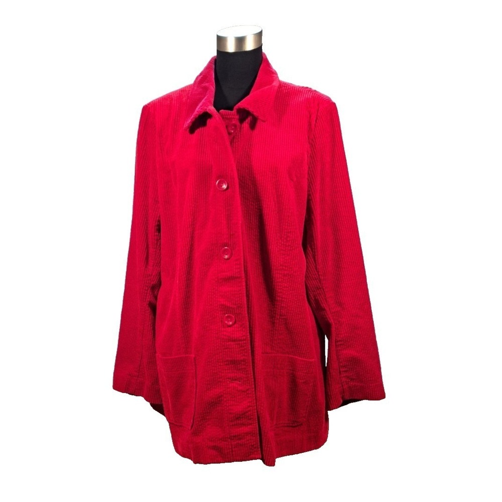 J Jill Womens XL Red Corduroy Jacket Button Front Long Sleeve Collared Coat
